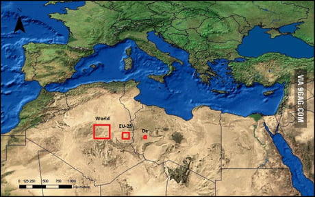 The total area of solar panels it would take to power the world, Europe, and Germany.